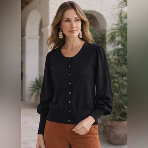 Peruvian Connection Pima Cotton Puff Sleeves Button Up Cardigan Sweater Size M